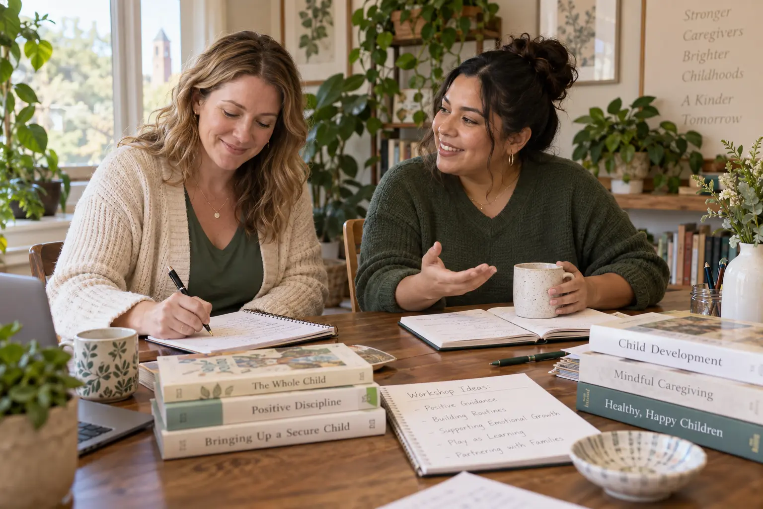 Two childcare professionals planning a caregiver education workshop together