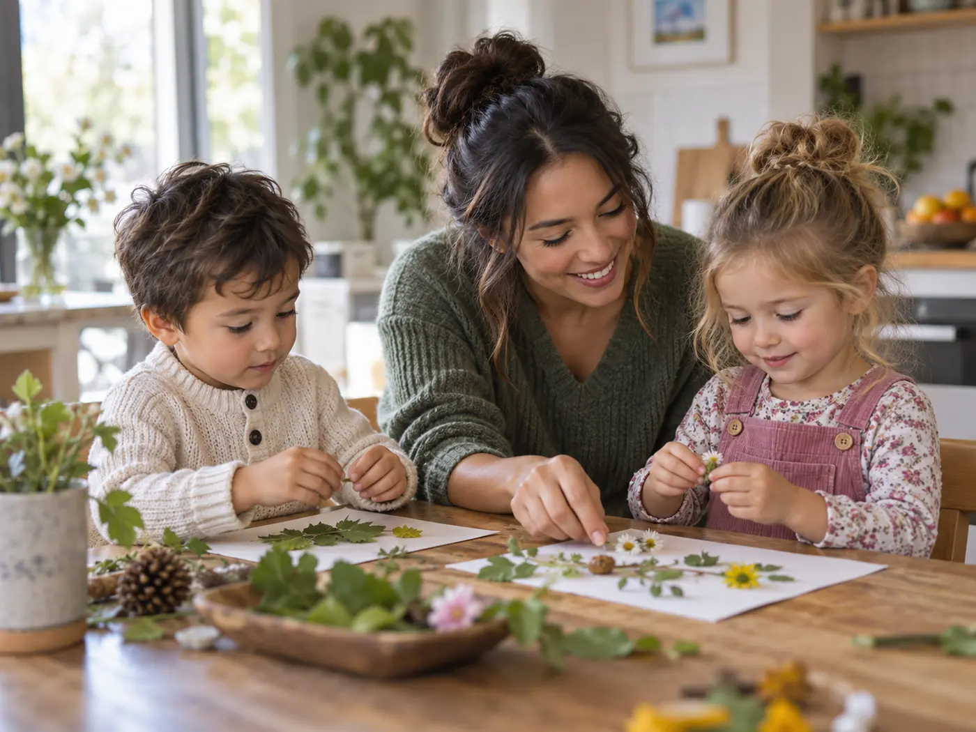 A caregiver making a nature craft with two children