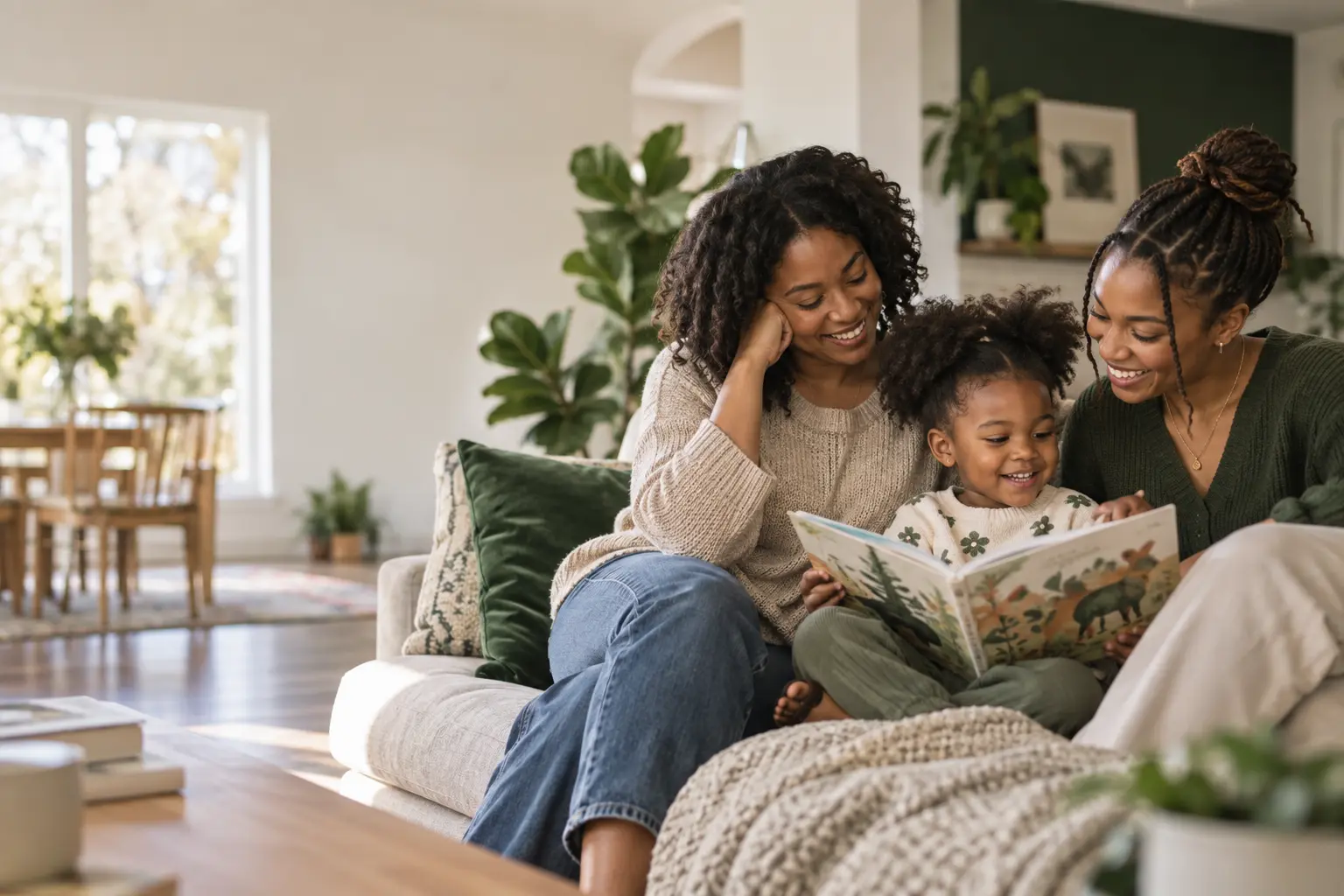 A mother, caregiver, and young child reading together at home